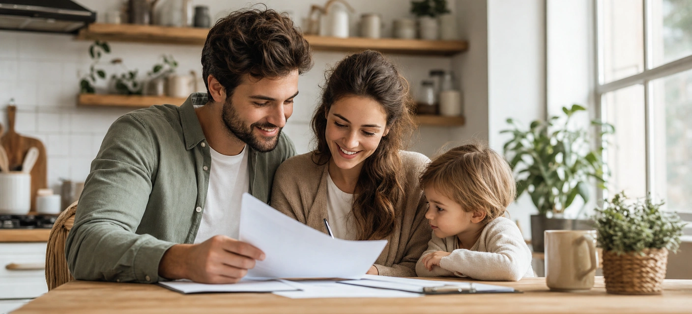 A young family reviewing paperwork together at their kitchen table