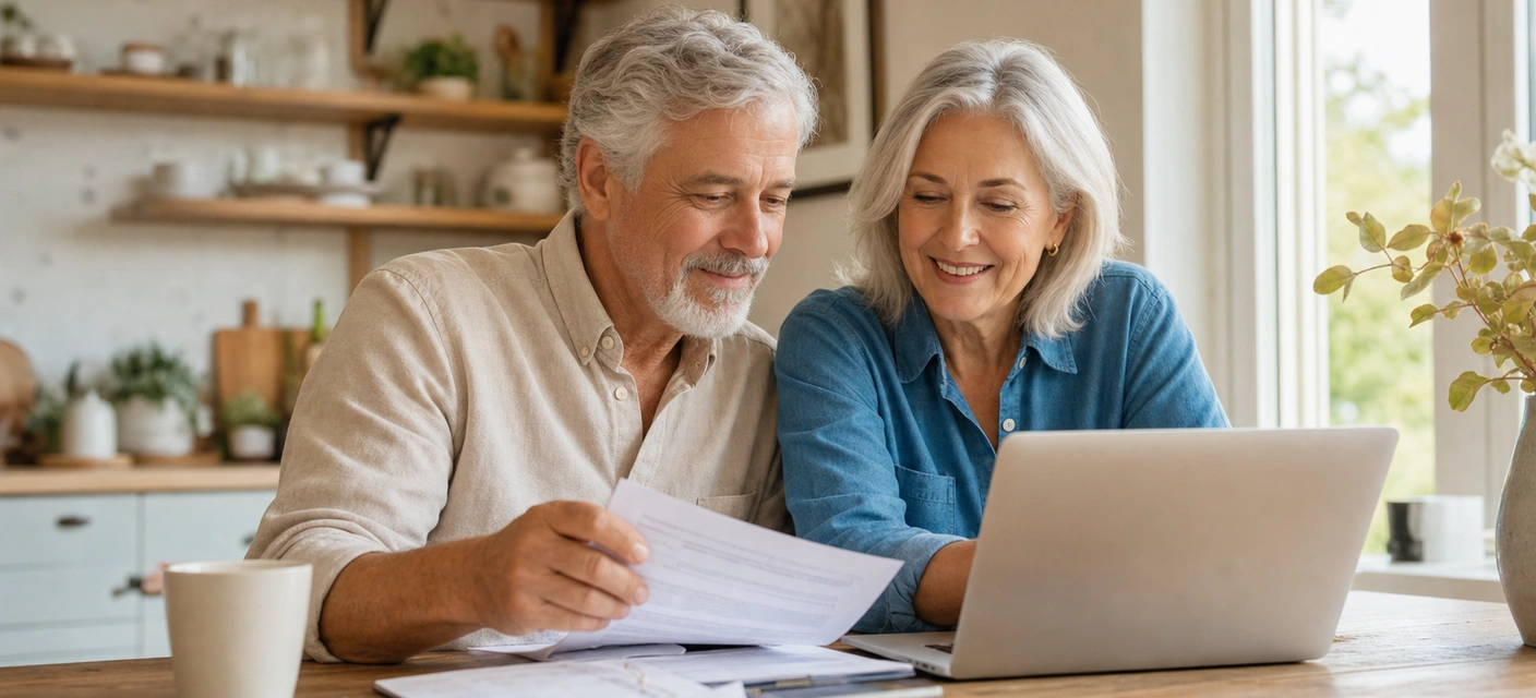 A senior couple reviewing insurance documents together at home